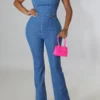 Solid Color Cutout Feminine Denim Jumpsuit