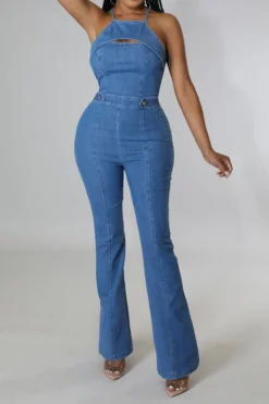 Solid Color Cutout Feminine Denim Jumpsuit 8 Solid Color Cutout Feminine Denim Jumpsuit -Prettytina C23050833 BL 4