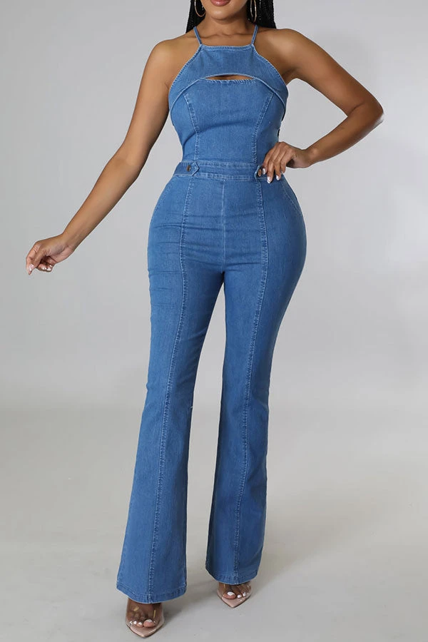 Solid Color Cutout Feminine Denim Jumpsuit 5 Solid Color Cutout Feminine Denim Jumpsuit - Image 5