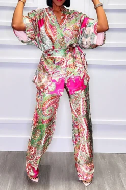 Paisley Print Relaxed Belted Pant Suit