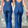 Solid Color Urban Open Back Denim Jumpsuit