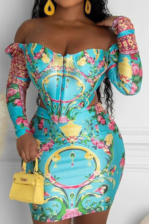 Floral Print Hot Off Shoulder Irregular Dress Suit 1 Floral Print Hot Off Shoulder Irregular Dress Suit