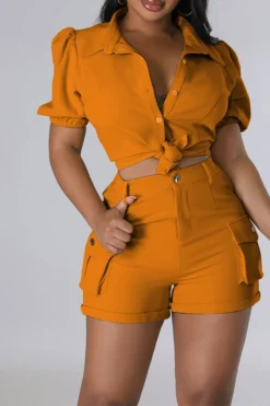 Solid Color Feminine Patch Pocket Pant Suit 24 Solid Color Feminine Patch Pocket Pant Suit -Prettytina C23050881 OR 1