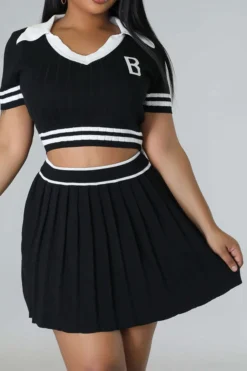 Patchwork Preppy Pleated Dress Suit -Prettytina C23050885 BK 1