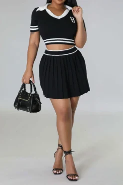 Patchwork Preppy Pleated Dress Suit -Prettytina C23050885 BK 2