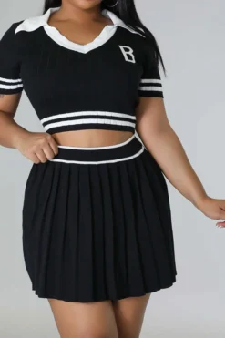 Patchwork Preppy Pleated Dress Suit -Prettytina C23050885 BK 4