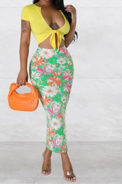 Floral Print Urban Tie Front Dress Suit 18 Floral Print Urban Tie Front Dress Suit -Prettytina C23050886 YE 3