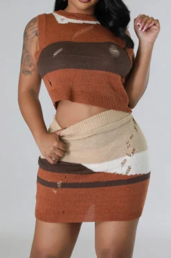 Hit Color Unusual Knitted Dress Suit