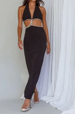 Rhinestone Patchwork Flattering Cutout Maxi Dress -Prettytina C23051113 BK 4