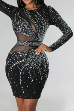 Rhinestone Flirty Mesh Patchwork Mini Dress -Prettytina C23051114 BK 3