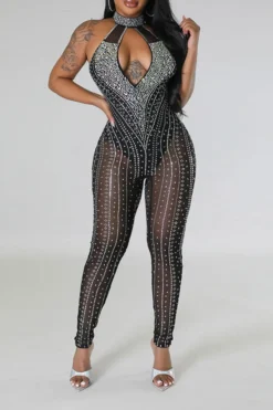 Rhinestone Striking Cutout See-Through Jumpsuit -Prettytina C23051117 BK 1