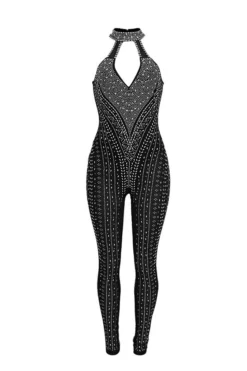 Rhinestone Striking Cutout See-Through Jumpsuit -Prettytina C23051117 BK 4