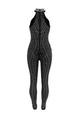 Rhinestone Striking Cutout See-Through Jumpsuit -Prettytina C23051117 BK 5