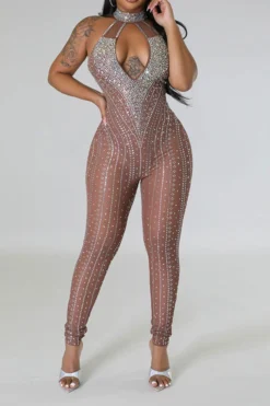 Rhinestone Striking Cutout See-Through Jumpsuit