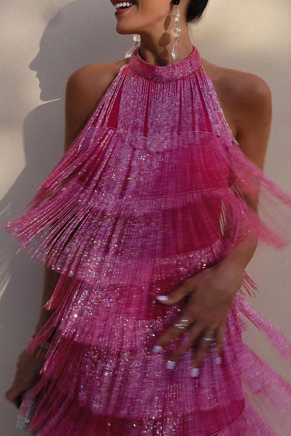 Solid Color Romantic Tiered Tassel Mini Dress 1 Solid Color Romantic Tiered Tassel Mini Dress