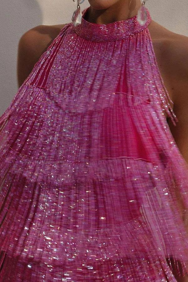 Solid Color Romantic Tiered Tassel Mini Dress 2 Solid Color Romantic Tiered Tassel Mini Dress - Image 2