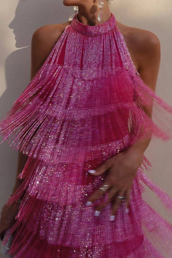 Solid Color Romantic Tiered Tassel Mini Dress 5 Solid Color Romantic Tiered Tassel Mini Dress - Image 5