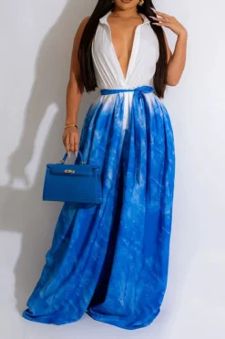 Tie Dye Pretty Belted Wide Leg Jumpsuit -Prettytina C23051138 BL 1