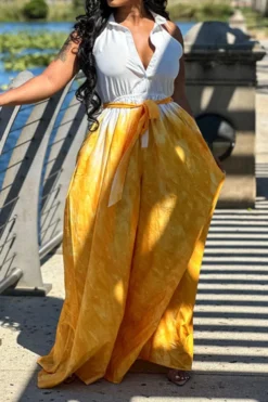 Tie Dye Pretty Belted Wide Leg Jumpsuit -Prettytina C23051138 YE 3