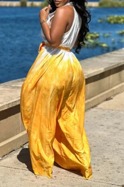 Tie Dye Pretty Belted Wide Leg Jumpsuit -Prettytina C23051138 YE 4