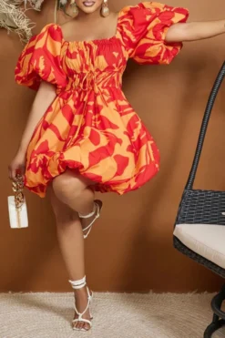 Floral Print Girly Lace-Up Bubble Mini Dress -Prettytina C23051145 RE 3