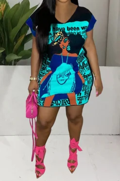 Lady & Letter Print Feminine Mini Dress -Prettytina C23051152 BL 1