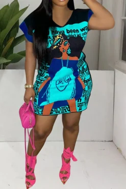 Lady & Letter Print Feminine Mini Dress -Prettytina C23051152 BL 2