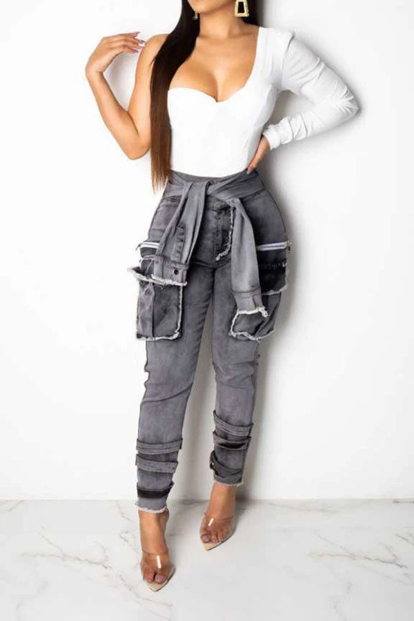 Solid Color Cool Lace-Up Multi Pocket Jeans 1 Solid Color Cool Lace-Up Multi Pocket Jeans