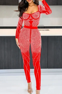 Rhinestone Patchwork Feminine Side Cutout Jumpsuit -Prettytina C23051232 RE 1