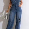 Ripped Retro Wide Leg Denim Jumpsuit