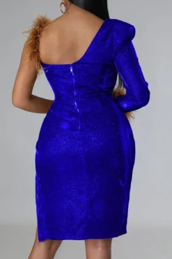 Feather Trim Shimmery High Split Irregular Midi Dress 11 Feather Trim Shimmery High Split Irregular Midi Dress -Prettytina C23053129 BL 2