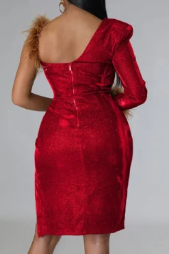 Feather Trim Shimmery High Split Irregular Midi Dress 9 Feather Trim Shimmery High Split Irregular Midi Dress -Prettytina C23053129 RE 2