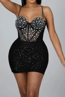 Rhinestone & Sequined Simple Mini Dress 15 Rhinestone & Sequined Simple Mini Dress -Prettytina C23053132 BK 1