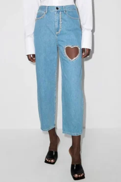 Blue Rhinestone Heart Decor Sweet Jeans