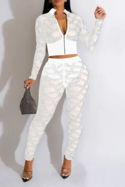 Rhinestone Patchwork On-trend See-Through Pant Suit 14 Rhinestone Patchwork On-trend See-Through Pant Suit -Prettytina C23053179 WH 1