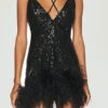 Sequined Luxe Lace-Up Feather Hem Mini Dress