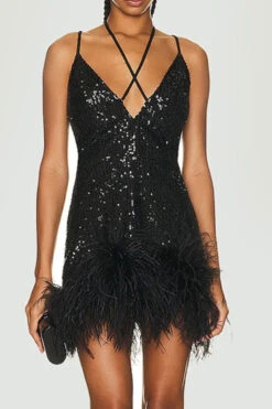 Sequined Luxe Lace-Up Feather Hem Mini Dress
