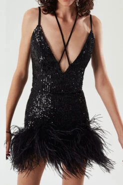 Sequined Luxe Lace-Up Feather Hem Mini Dress -Prettytina C23060235 BK 3