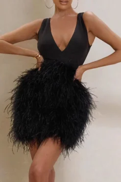 Feather Patchwork Unique Tie Back Mini Dress -Prettytina C23060237 BK 4