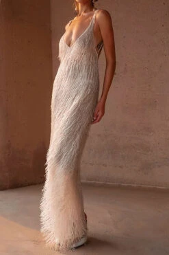 Solid Color Tassel Striking Backless Maxi Dress -Prettytina C23060255 WH 4