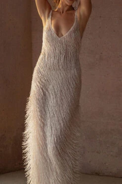 Solid Color Tassel Striking Backless Maxi Dress -Prettytina C23060255 WH 5