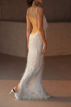 Solid Color Tassel Striking Backless Maxi Dress -Prettytina C23060255 WH 6