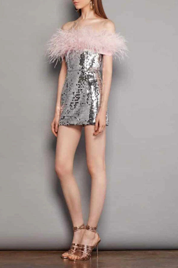 Feather Trim Off Shoulder Pretty Sequined Mini Dress 2 Feather Trim Off Shoulder Pretty Sequined Mini Dress - Image 2