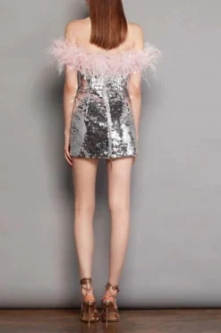Feather Trim Off Shoulder Pretty Sequined Mini Dress 5 Feather Trim Off Shoulder Pretty Sequined Mini Dress -Prettytina C23060270 SI 3