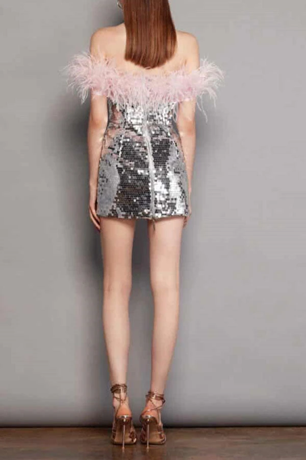 Feather Trim Off Shoulder Pretty Sequined Mini Dress 3 Feather Trim Off Shoulder Pretty Sequined Mini Dress - Image 3