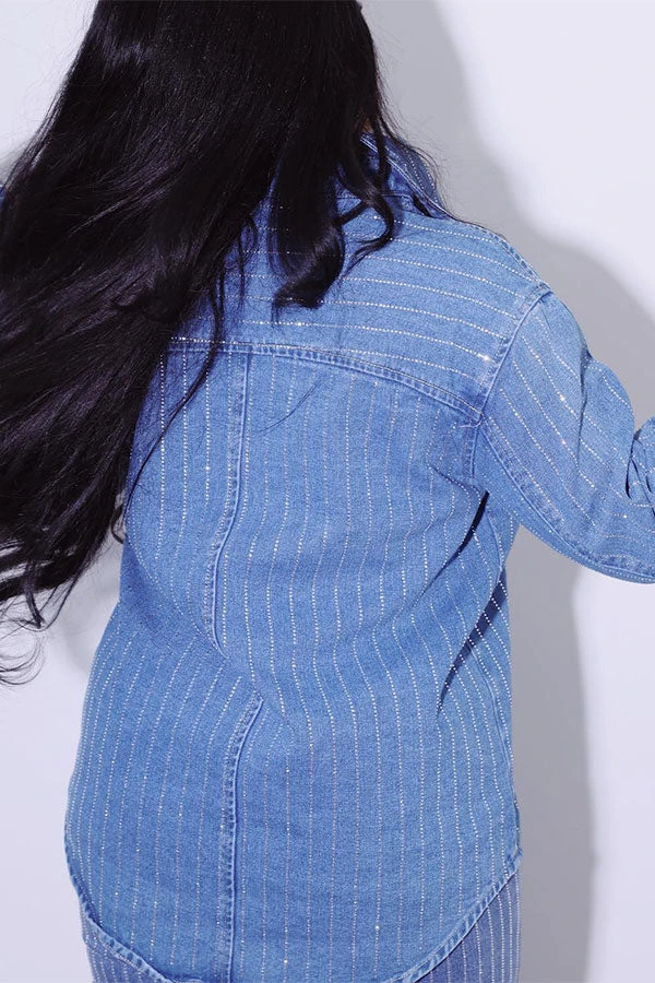 Solid Color Rhinestone Glistening Denim Shirt 2 Solid Color Rhinestone Glistening Denim Shirt - Image 2
