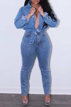 Solid Color Rhinestone Glistening Denim Shirt 5 Solid Color Rhinestone Glistening Denim Shirt -Prettytina C23060512 BL 3