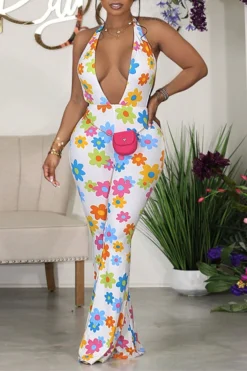 Floral Print Girly Backless Micro Flared Jumpsuit