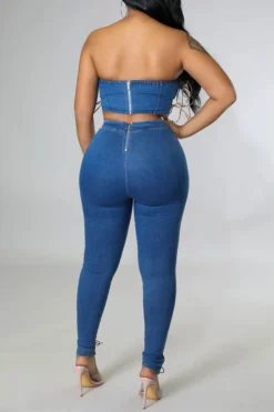 Solid Color Punk Strappy Denim Pant Suit -Prettytina C23060595 BL 3