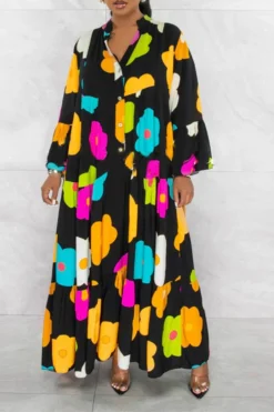 Floral Print Relaxed Tiered Midi Dress -Prettytina C23060930 BK 1